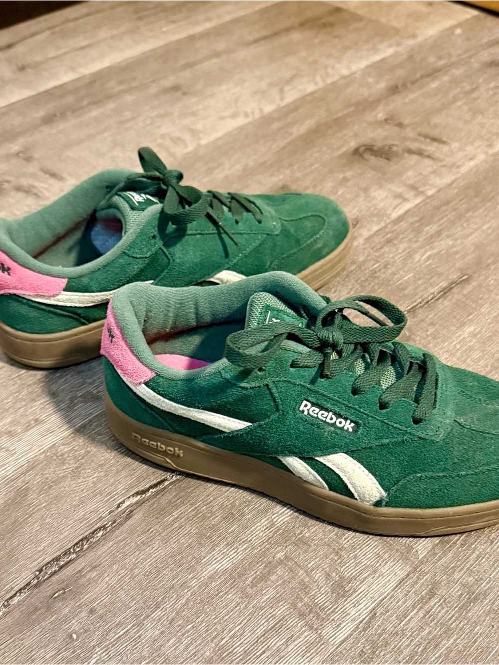 Reebok Green Suede Sneakers with Pink Heel Accent